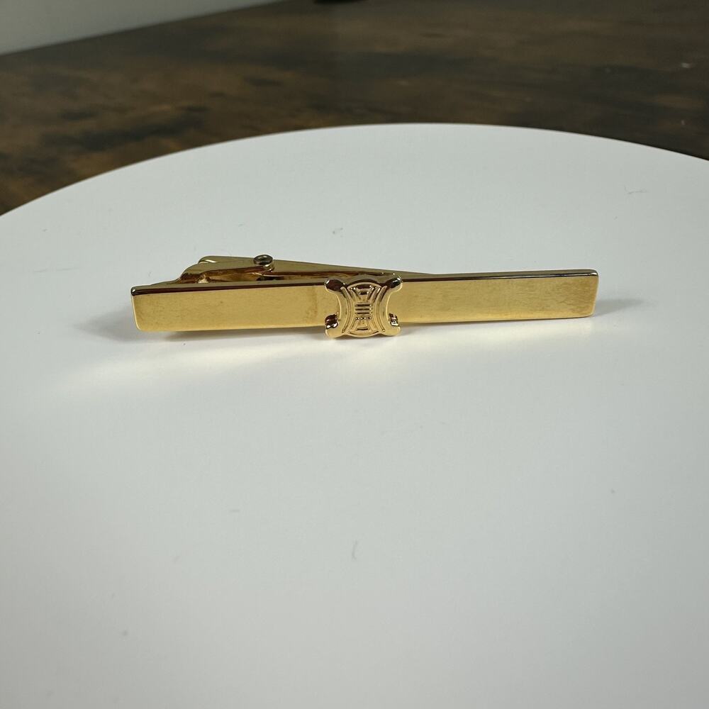 Celine Tie Clip Bar Mens Gold Tone Triomphe Logo 2 Inch Made In Italy Designer
